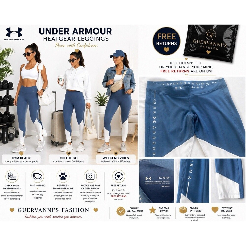 Under Armour Women’s HeatGear Leggings XL Blue White Compression Logo Activewear